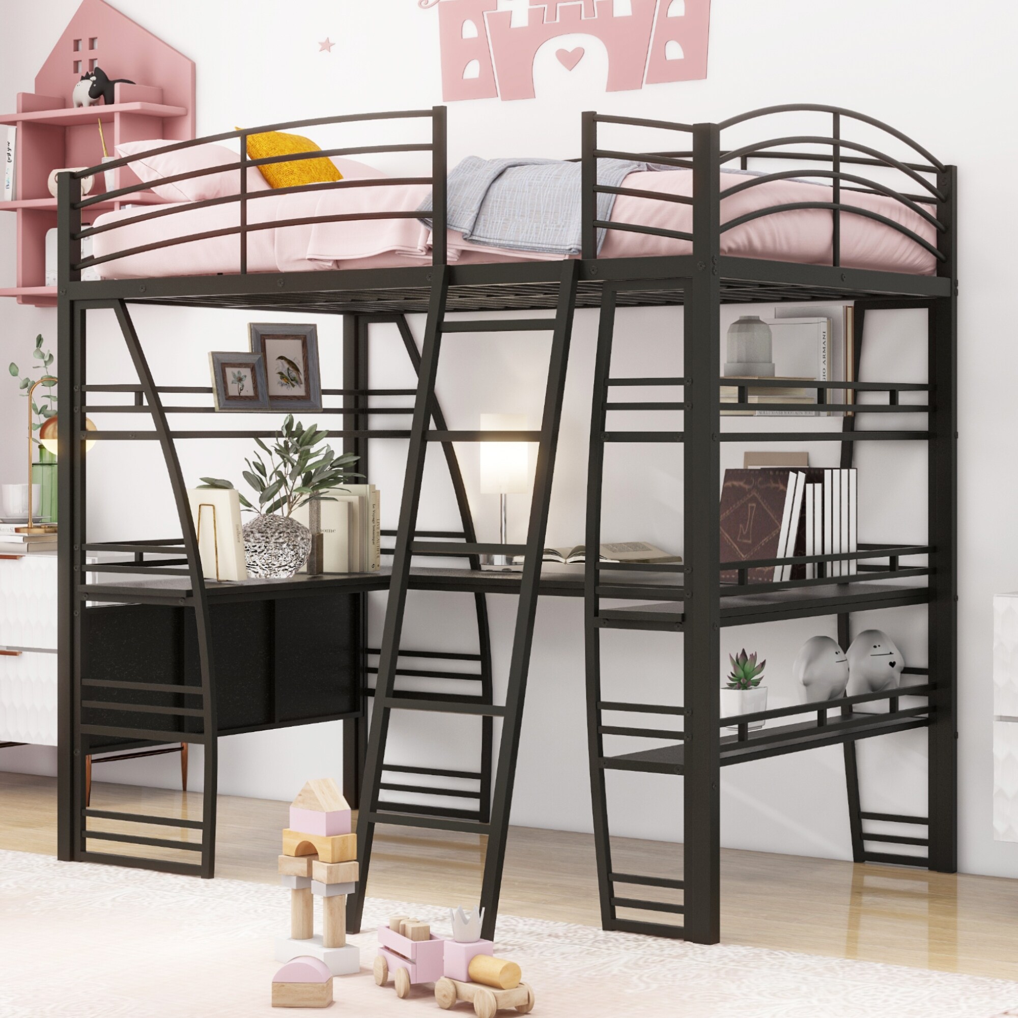 Full Size Loft Bed with 4 Layers of Shelves and L shaped Desk Stylish Metal Frame Bed with a set of Sockets White