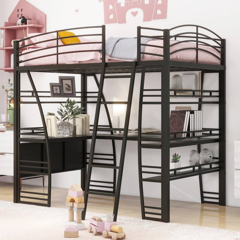 Full/Twin Loft Bed with L-Shaped Desk, 4 Storage Shelves, Sockets, USB Ports, Wireless Charging, and Metal Frame - Black - Full