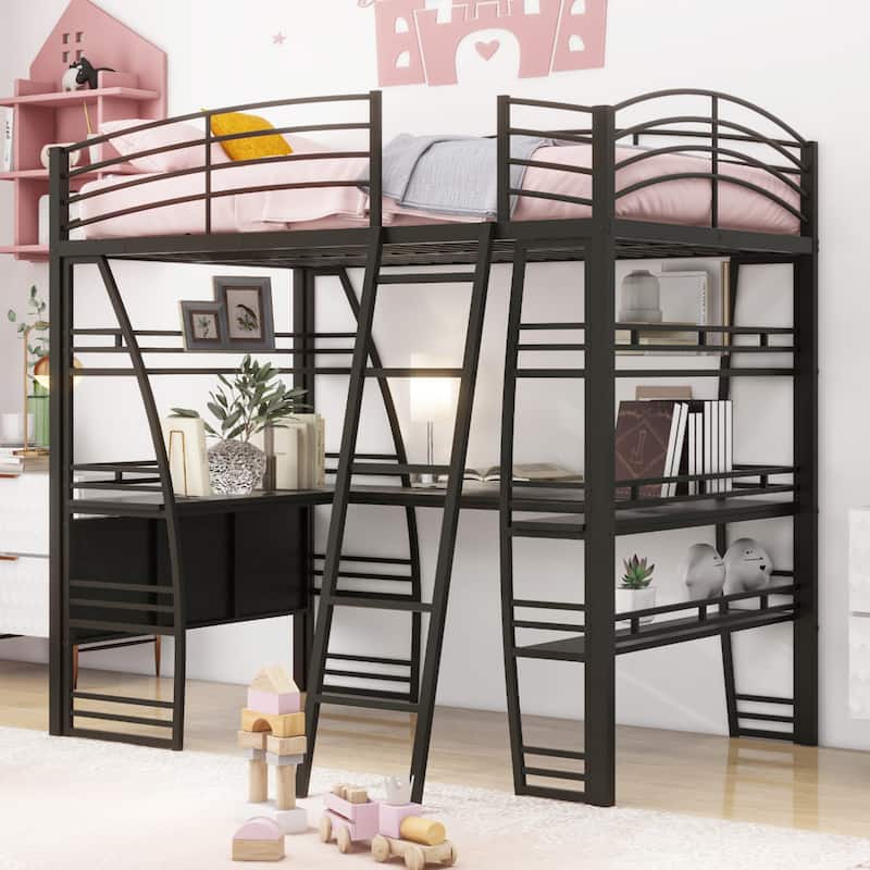 Metal Loft Bed with 4 Layers of Shelves, Desk & USB Ports & Wireless Charging - Black - Full