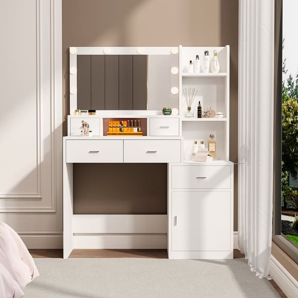 modern dressing table with mirror and stool 43"Makeup Vanity Set Mirrored Drawers for Bedroom - Bed Bath & Beyond you can effortlessly store any of your beauty supplies and daily necessities Famapy LED Tri Fold Mirror