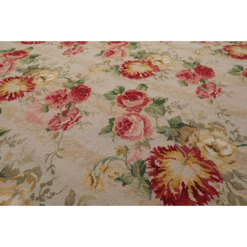 8'10''x11'11'' Hand Woven Wool Modern Floral Botanical Ivory French Aubusson Needlepoint Rug - 8' 10'' x 11' 11''