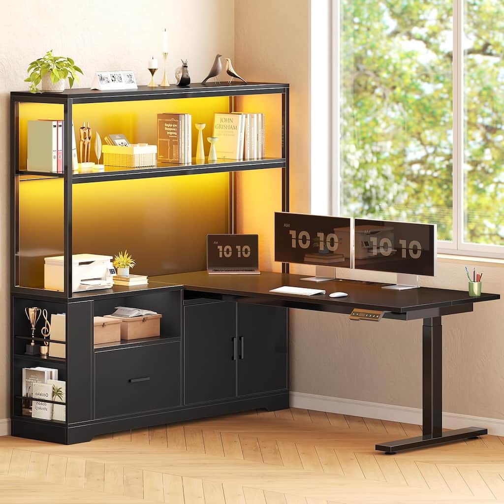 L Shaped Stand or Sit Computer Desk Adjustable Height Electric Desk Drawer Bookshelf