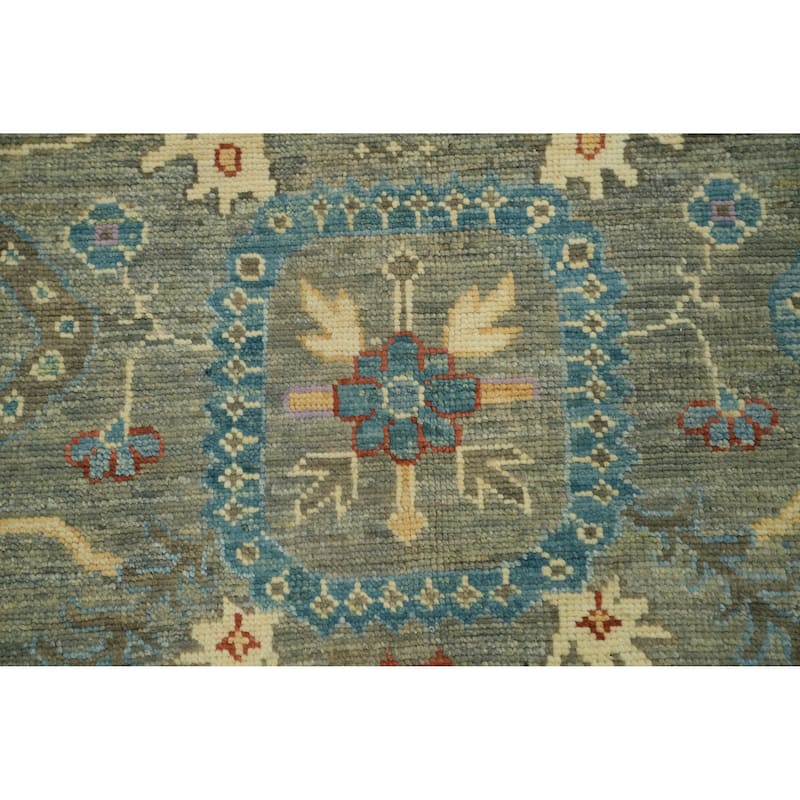 Handmade Gray Oushak Vegetable Dye Area Rug, Floral Geometric Carpet - 11' 10'' X 9' 2''