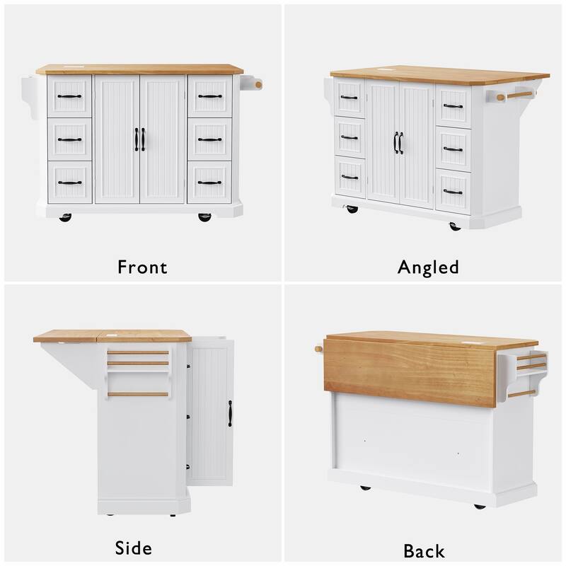 56" Kitchen Island with Drop Leaf & Power Outlet, Rolling Storage Cart with Rubber Wood Veneer Top, 6 Drawers & 4 Door Shelves