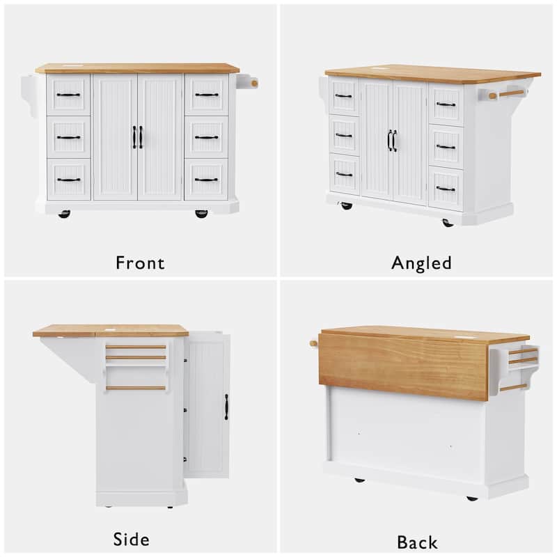 56" Rolling Kitchen Island with Storage Cabinet, Vertical Stripe Mobile Kitchen Cart Island Table with Power Outlet
