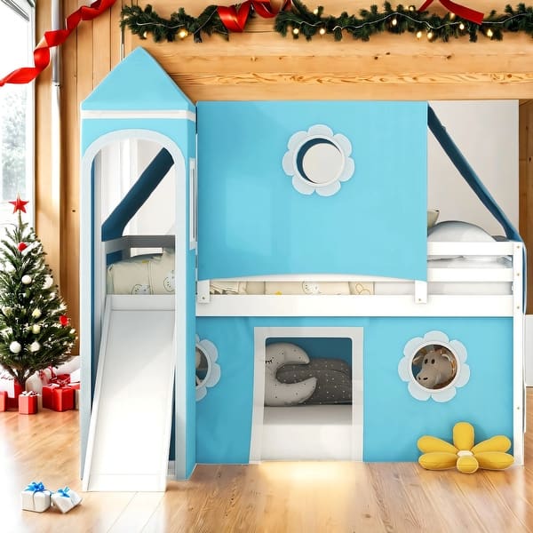 slide 2 of 14, Twin Size House Loft Bed with Slide Pink Tent and Tower Blue