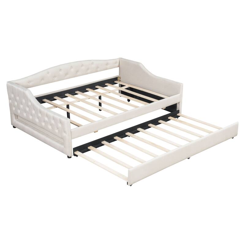 Full XL Size Upholstered Daybed with Linen Cover Backrest & Trundle, Wood Sofa Bed Frame with LED Lighting, No Box Spring Needed