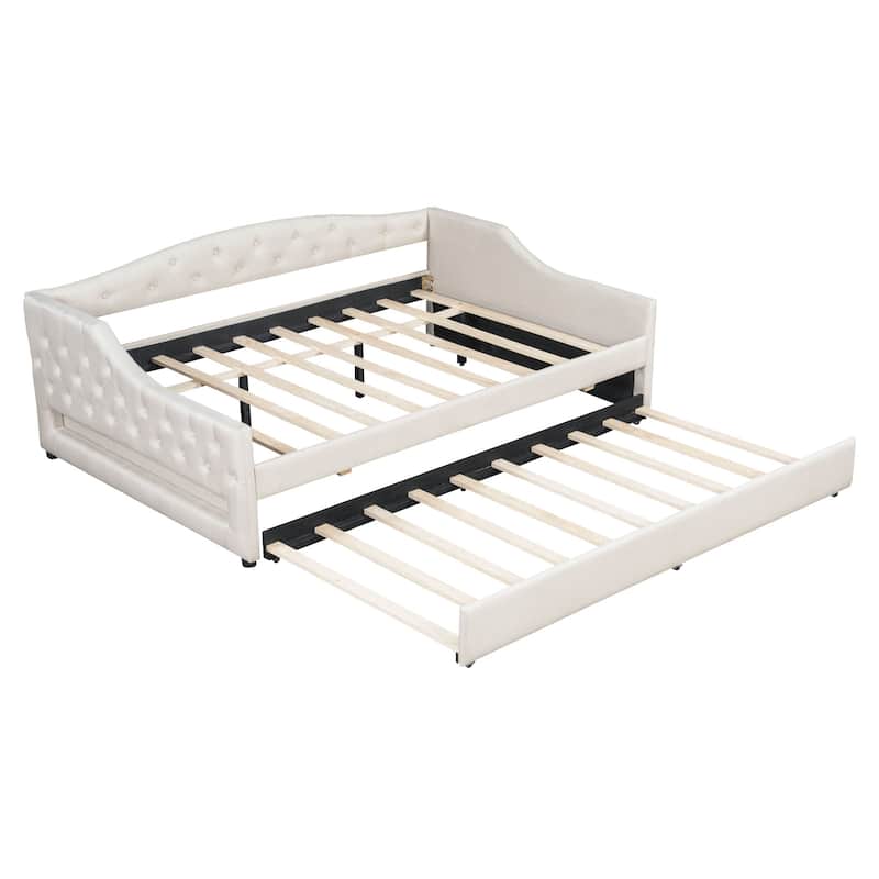 Linen Fabric Daybed Sofa Bed with LED Lights on Both Sides, Upholstered Tufted Platform Bed Frame with Trundle Bed