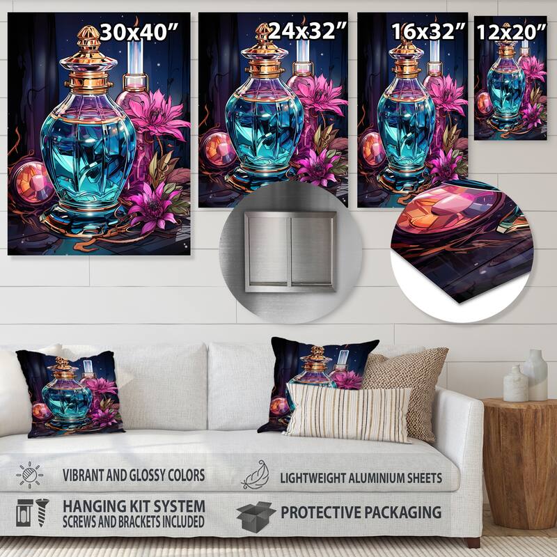 Designart "Orange Crystal Perfume Bottle II" Perfumes Metal Wall Art - Blue Metal Wall Décor Glam Metal Art Work