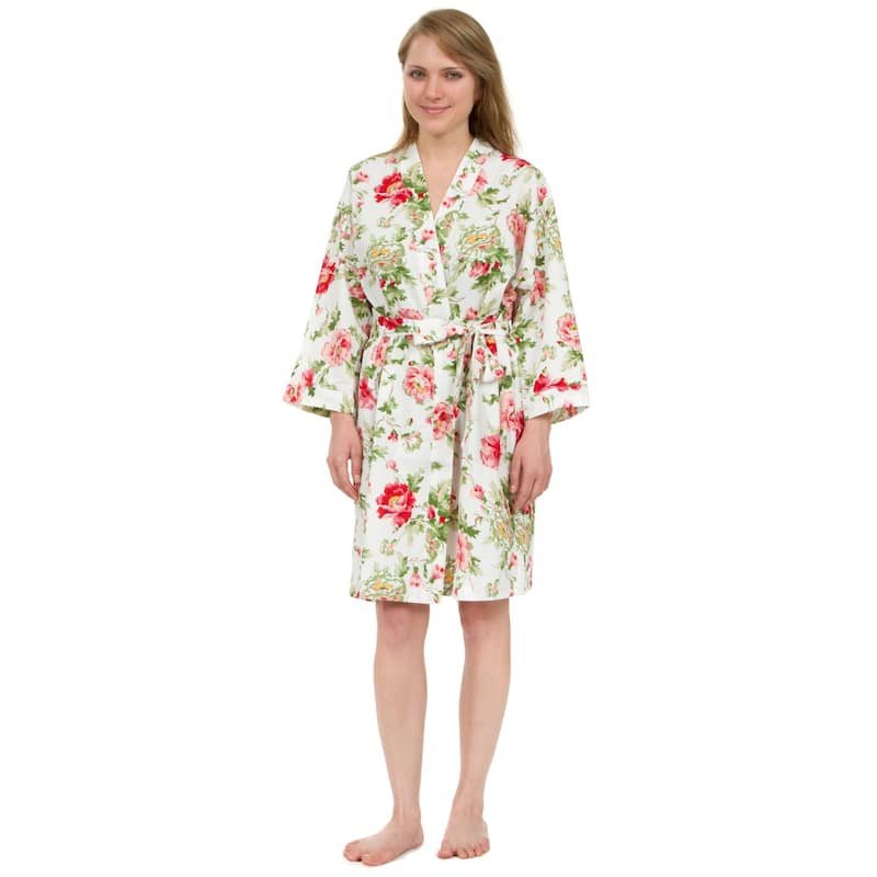 Leisureland Women's Cotton Poplin Robe, Short Kimono Floral Robe