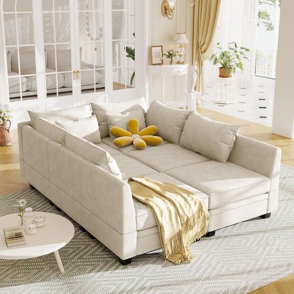 Lshape Sectional Recliner Bed Beige Linen Chaise Lounge w/ Storage