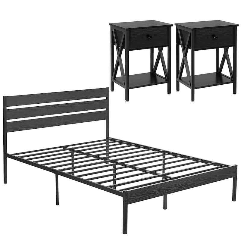 3-Pieces Bedroom Set Queen Size Platform Bed Frame and Nightstands Set of 2,Black Set