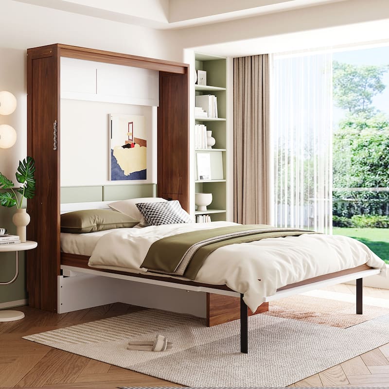 Full Size Murphy Bed Hidden Wall Cabinet Bed with Foldable Desk, Wooden Foldable Vertical Cabinet Bed Frame