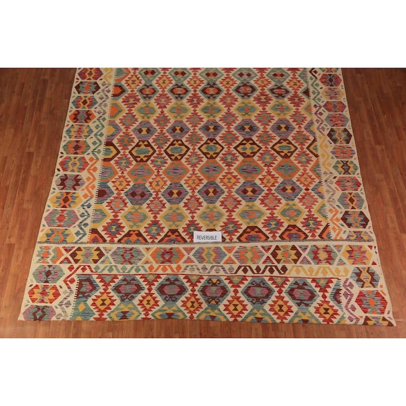 Tribal / Geometric Kilim Oriental Rug Hand-Woven Wool Carpet - 9'11"x 12'10"
