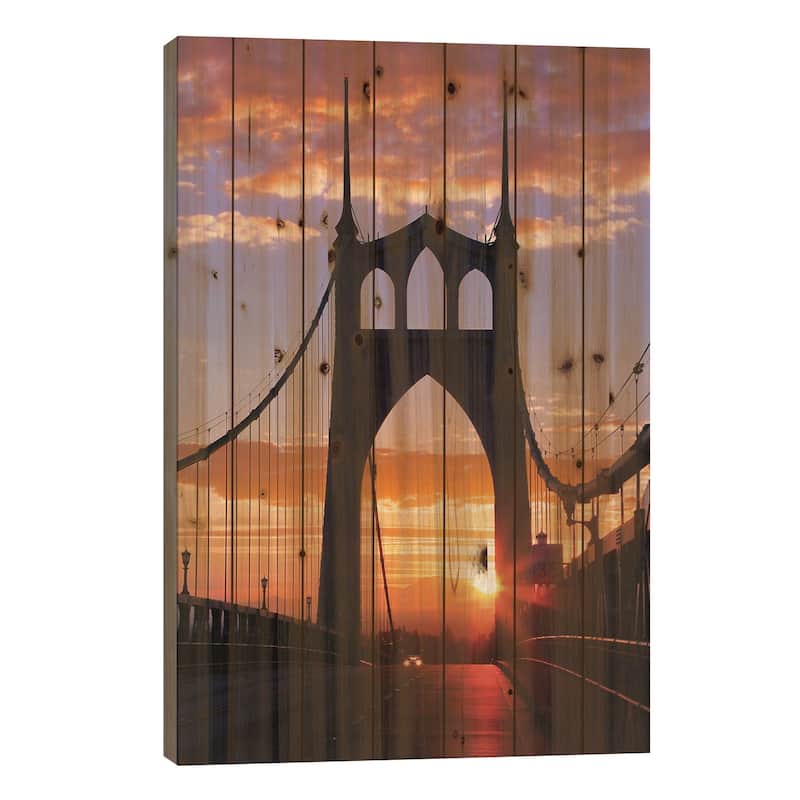 USA, Oregon, Portland. St. Johns Bridge at sunrise. Print On Wood by Jaynes Gallery - Multi-Color - 26x18x1.5