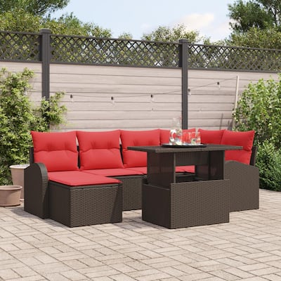 vidaXL 7 Garden Sofa Set with Cushions Black/Brown/Grey Poly Rattan - 92.1 x 48.8 x 27.2