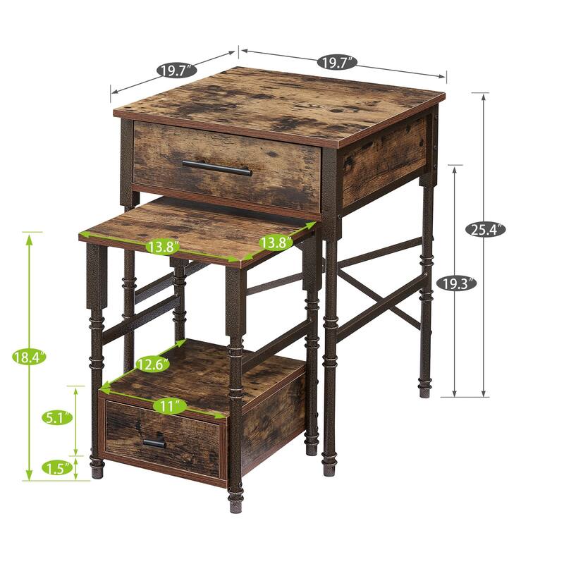 VECELO Nesting Coffee Table Set of 2, Square Nightstands with Adjustable Non-Slip Feet, Industrial End Table Side Tables