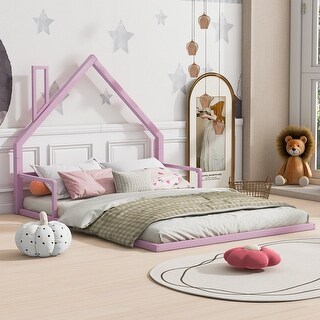 Metal House Floor Bed Pink Full Size Bed Frame with Headboard
