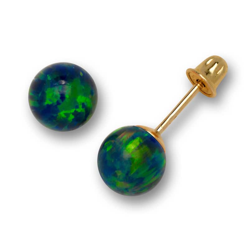 14K Yellow Gold Colors of Created Opal 6mm Ball Post Stud Screw-back Earrings - green-blue - Grey