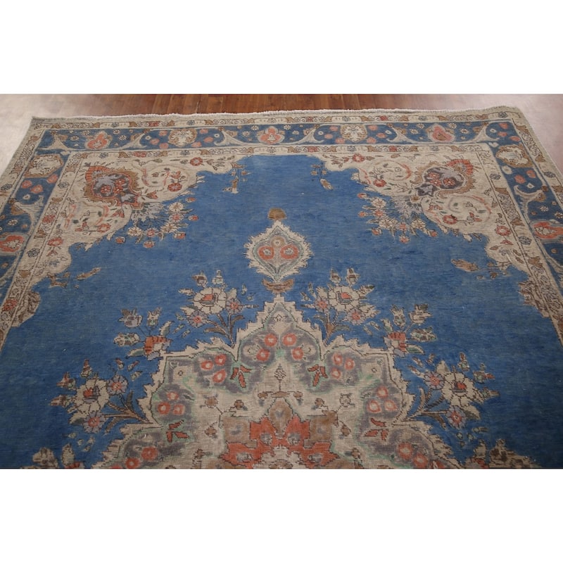 Tabriz Vintage Persian Rug Hand-Knotted Blue Wool Carpet - 8'4" x 11'3"