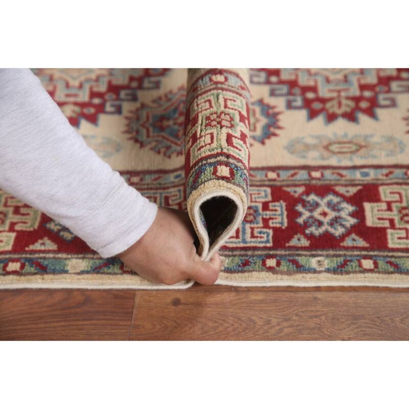 Hand Knotted Oriental 100% Wool Carpet Traditional Geometric Beige & Ivories Kazak Runner Rug - 8' 5'' X 2' 9''