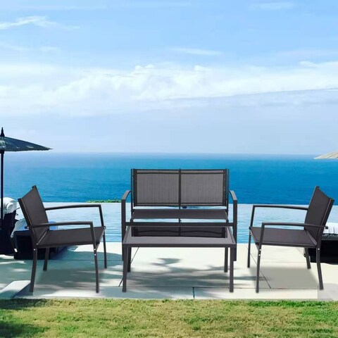 Black Patio Conversation Sets Poolside Lawn Chairs with Glass Coffee Table