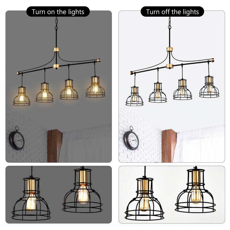 Modern 4-Light Dining Room Chandelier, Matte Black & Gold Metal Island Lighting, 40-Inch Farmhouse Hanging Fixture