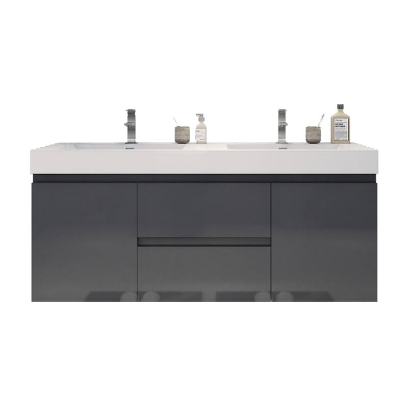 Baillie 60'' Wall-Mounted Vanity with Double Reinforced Acrylic Sink - 60''Width - Gloss Gray