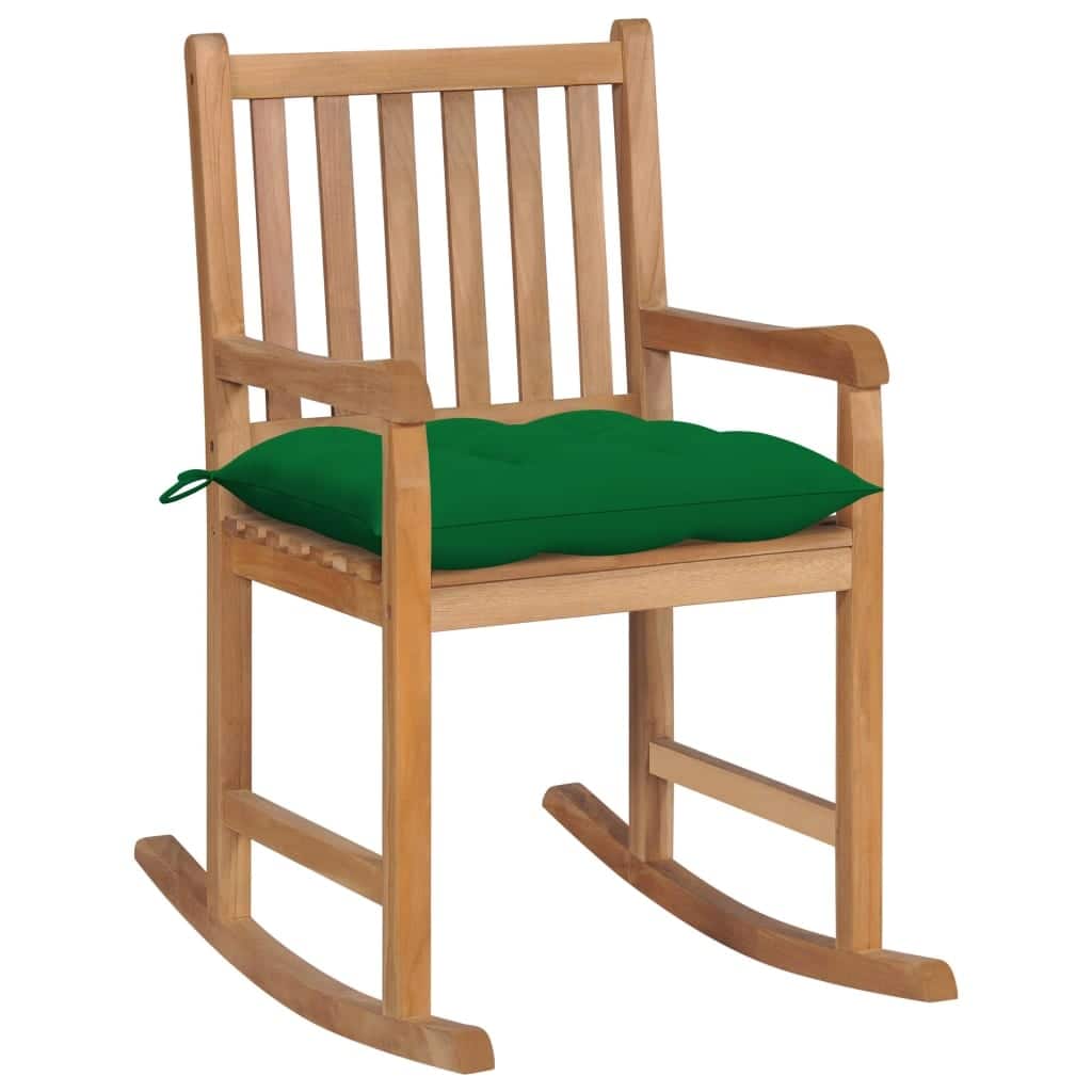 vidaXL Rocking Chair with Green Cushion Solid Teak Wood - 22.8" x 36.4" x 41.7"