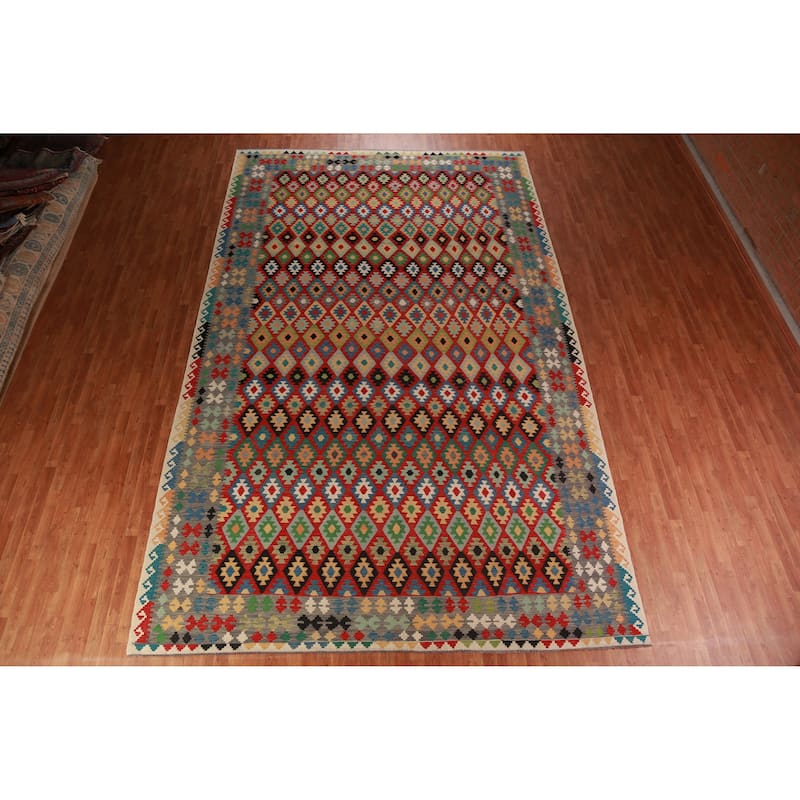 Geometric Multi-Color Kilim Oriental Large Rug Flatweave Wool Carpet - 10'0"x 16'1"
