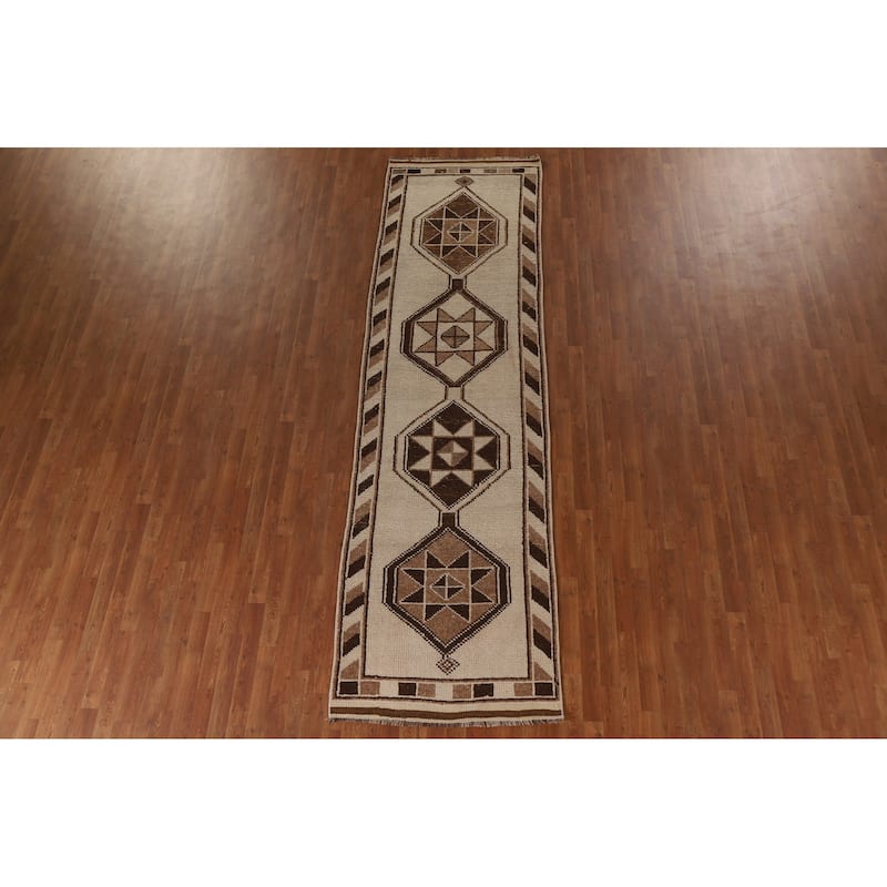 Natural Dye Handmade Kurdish Turkish Runner Rug Beige Wool Carpet - 3'4"x 11'9"