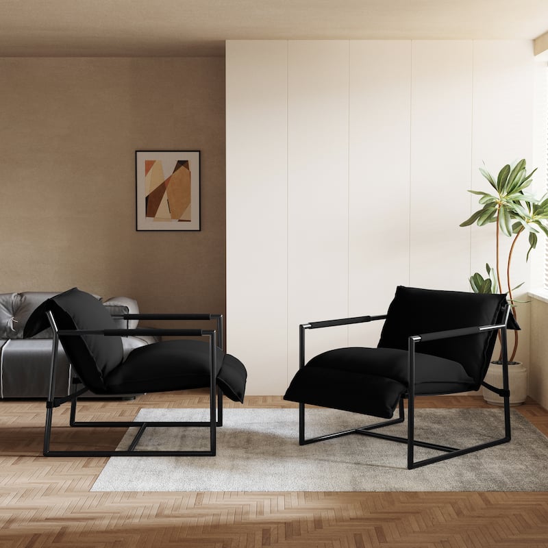 Mid-century Metal Sling Armchair with Lengthen Upholstered Set of 2 - Black