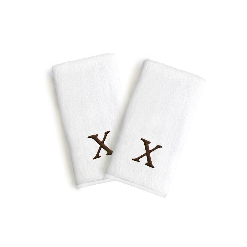 Authentic Hotel and Spa 2-piece White Turkish Cotton Hand Towels with Brown Block Monogrammed Initial - White/X