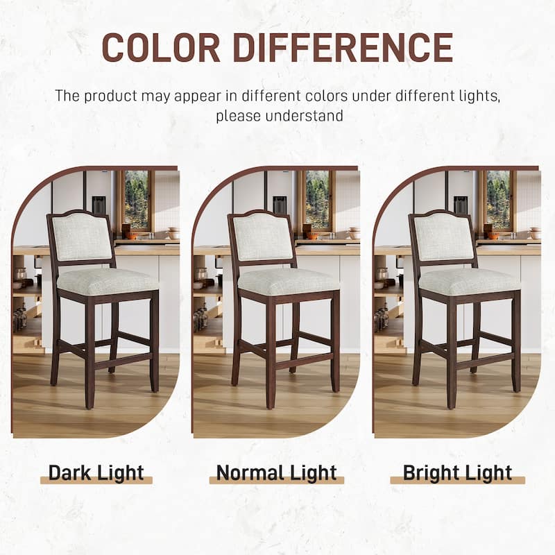 Counter Height Bar Stools Set of 2, Armless Bar Chair with Ergonomic Backrest and Rubber Wood Frame for Kitchen Island