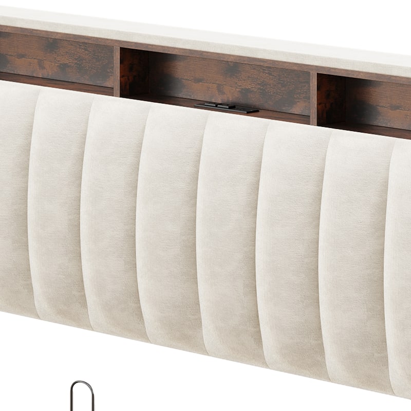 Lift Up Storage Nailhead Bed Frame with Charging Station, Velvet Upholstered Platform Bed with RGB LED Lights