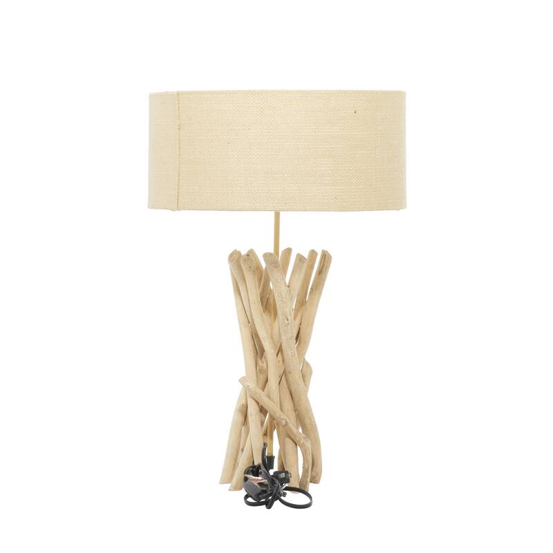 Driftwood Handmade Room Table Lamp with Cream Linen Shade - Light Brown - Roche River Decor