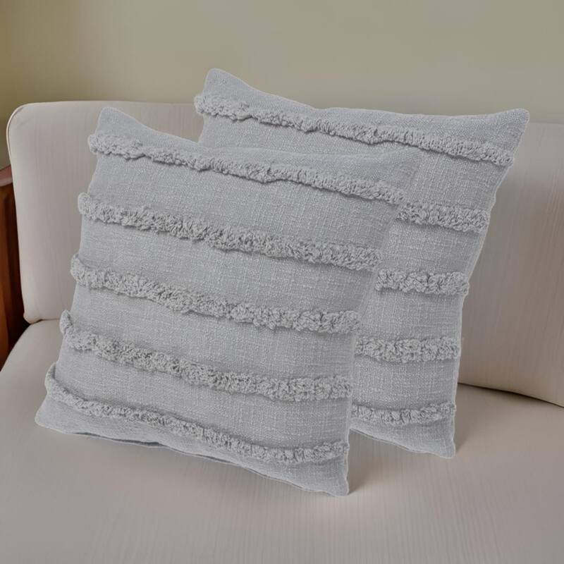 Set of Two Gray Ribbed Cotton Throw Pillow With Fringe - Gray