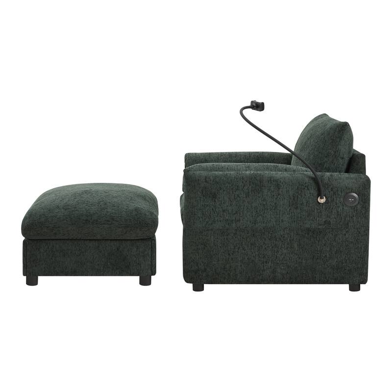 Single Sofa Chair and Storage Ottoman Sets, Chenille Accent Chair Wide Seat Chaise Lounge Couch with Phone Holder & USB Chargers