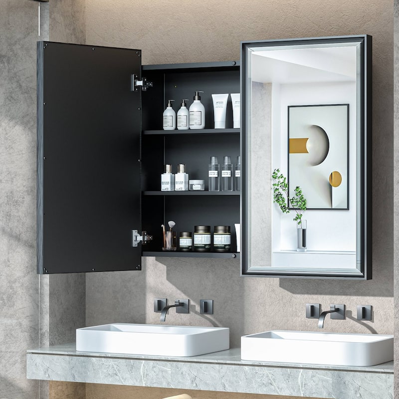 TokeShimi Medicine Cabinets for Bathroom with Mirror, Beveled Framed - 36''x32'' - Black