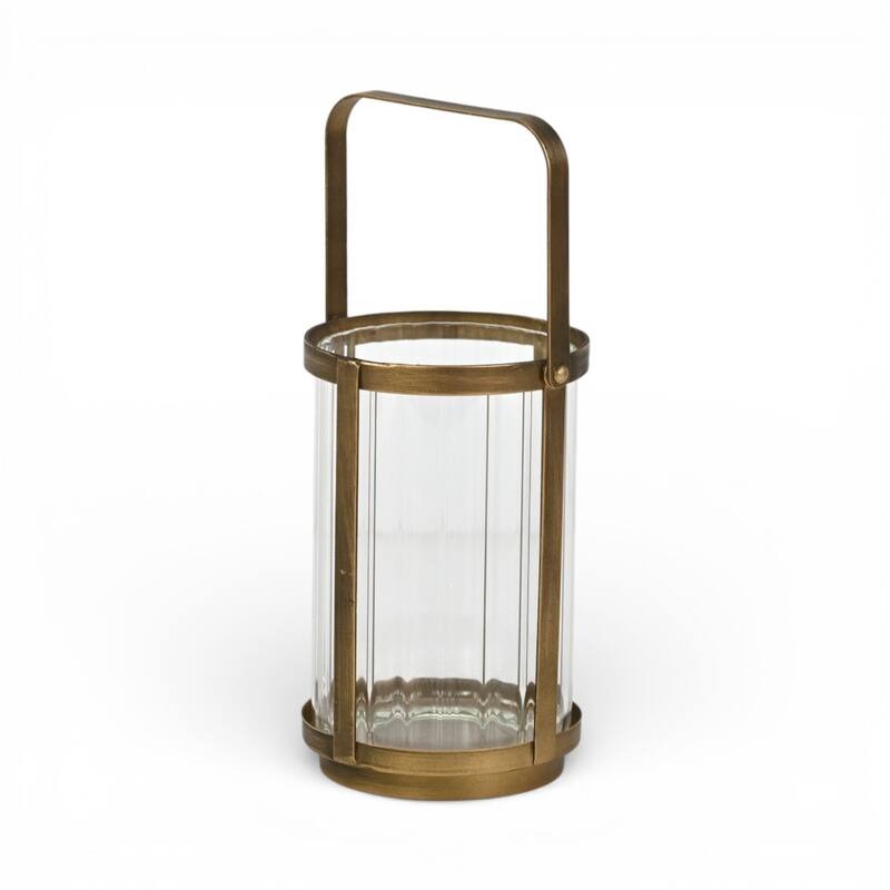 Vortial Fluted Glass Candle Lantern with Gold Metal Frame