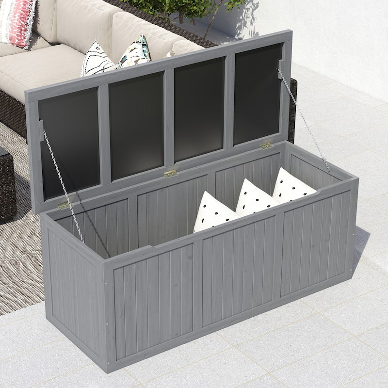 112 Gallon Outdoor Wooden Deck Box Solid Wood Storage Box Seat & Table Top for Patio Furniture Cushions, Pool Toys,Garden Tools