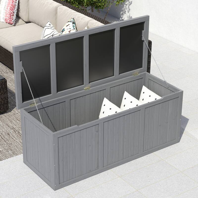 112 Gallon Wooden Deck Box Solid Wood Storage Box Seat & Table Top for Patio Furniture Cushions, Pool Toys & Garden Tools