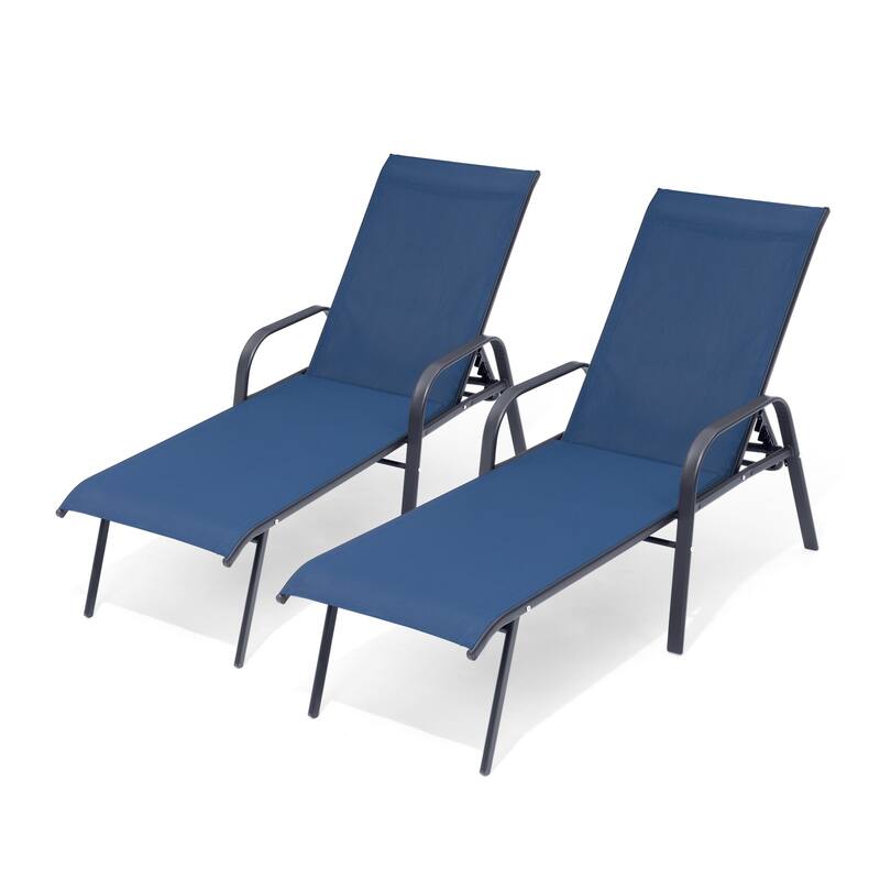 Outdoor Patio Lounger Adjustable Chaise Lounge Chairs with Arms (Set of 2/4) - Navy Blue - 2PC