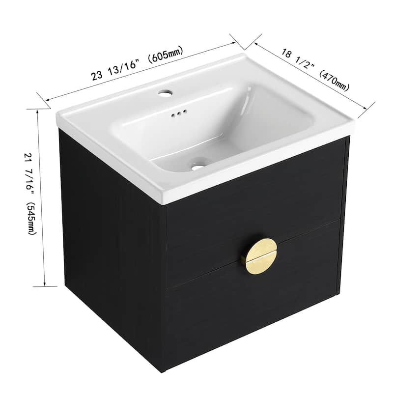 24 inch Wall-Mounted Bathroom Vanity Set in Black with Integrated Ceramic Sink