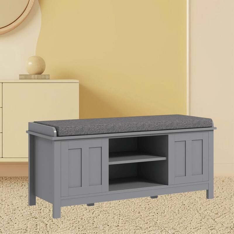 Modern Shoe Bench with Comfortable Cushion, 6 Storage Compartments, and Sliding Doors for Entryway or Hallway Organization - Grey