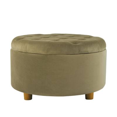 Jo Storage Ottoman, 28 Inch Round Tufted Lift Top, Sage Green Velvet