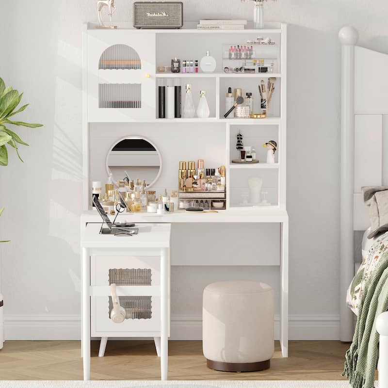 Computer Desk with 90 Degree Rotating Desktop,43x70 Inch Office Desk with Storage Drawer and Cabinets,Gaming Desk with Shelves