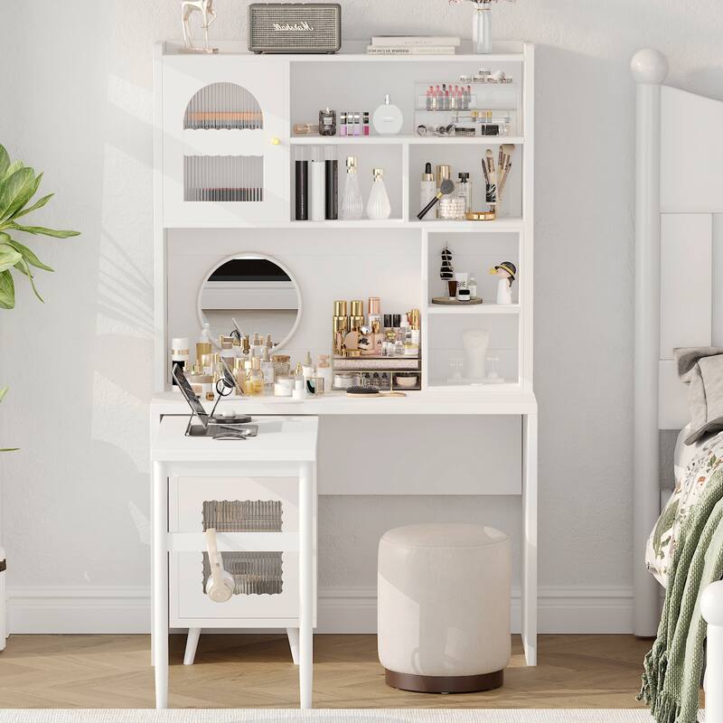 Computer Desk with 90 Rotating Side Table, Storage Drawer, Cabinets and Open Shelves for Home Office Study
