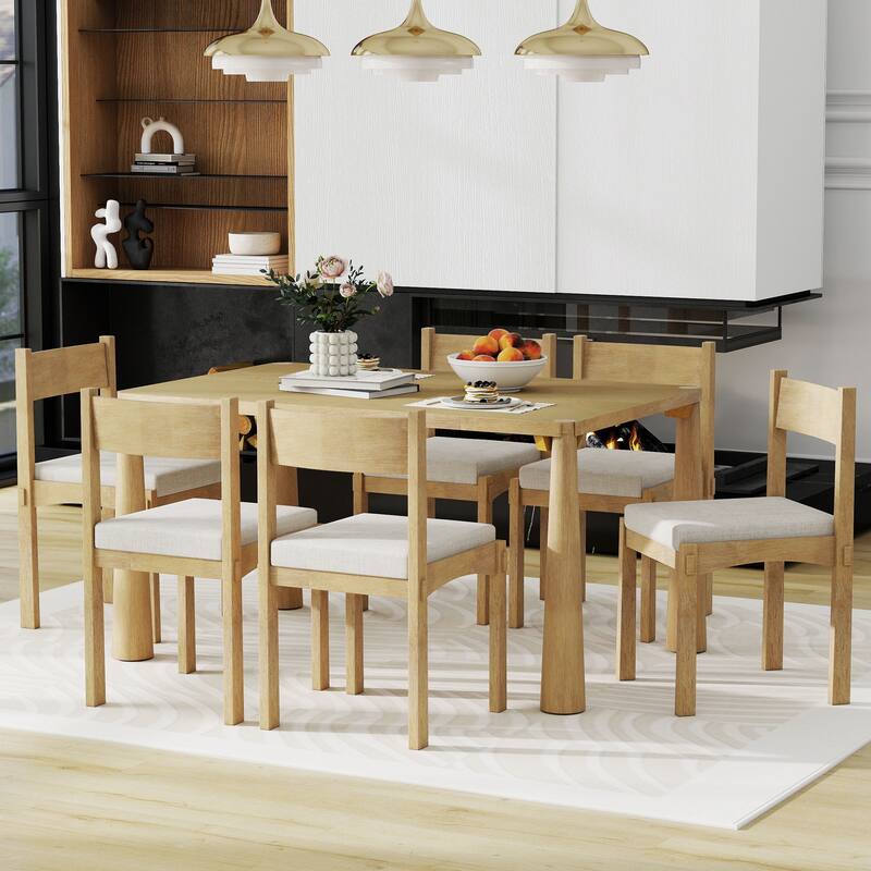 Retro 7-Piece Dining Table Set for 6 with Cushioned Seats and Exposed Tapered Legs by Harper&Bright Designs