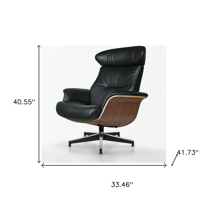 HomeRoots 33" Black and Walnut Leather And Wood Swivel Lounge Chair With Ottoman - 33.46 in. x 40.55 in. x 41.73 in.